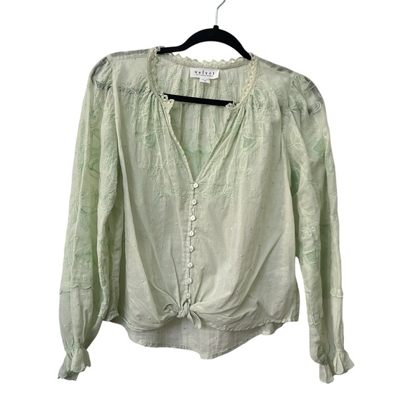 Velvet by Graham & Spencer Tops - Velvet by Graham & Spencer Mint Green Embroidered Cotton Tie Front Blouse XS